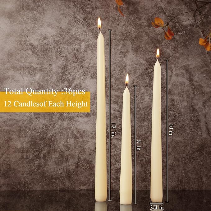 MTLEE Multi Height Beige Taper Candles - Unscented, 8/10/12 Inch, 8 Hour Burn Time, Perfect for