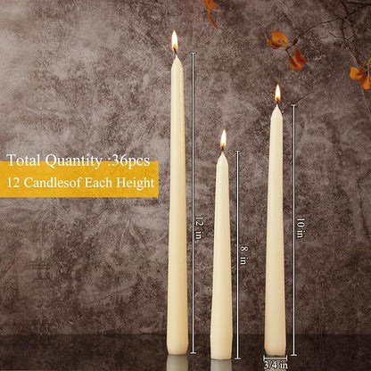 MTLEE Multi Height Beige Taper Candles - Unscented, 8/10/12 Inch, 8 Hour Burn Time, Perfect for