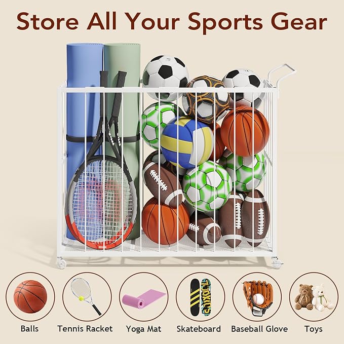 Ball Storage Bin Rolling Sports Ball Cart, Metal Garage Organizer Sport Rack, Ball Basket Storage