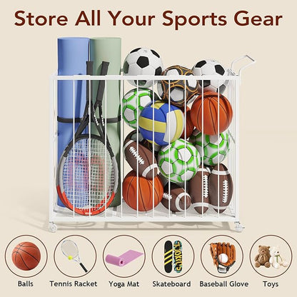 Ball Storage Bin Rolling Sports Ball Cart, Metal Garage Organizer Sport Rack, Ball Basket Storage