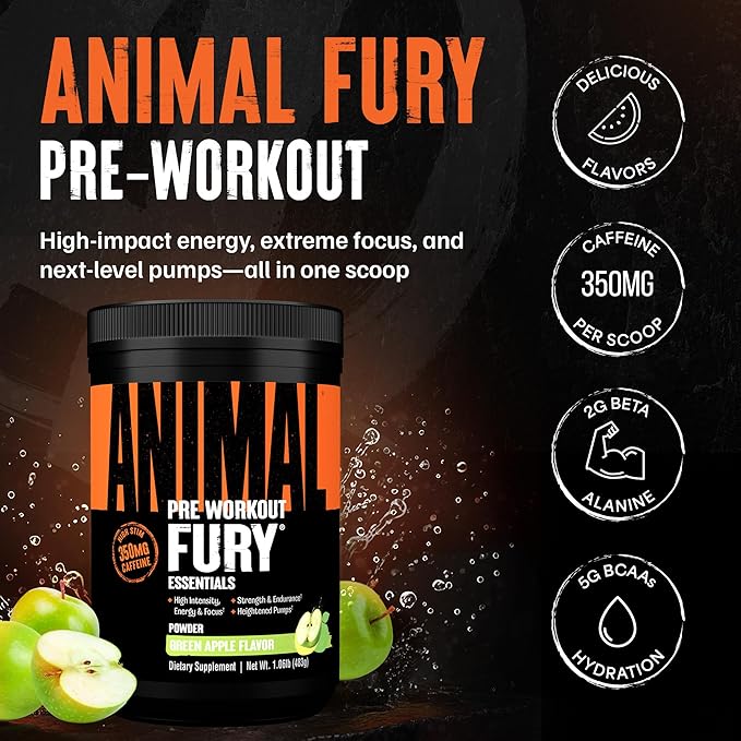 Animal Fury Pre Workout Powder - Green Apple, 350mg Caffeine, BCAA Amino Acids, 2g Beta Alanine