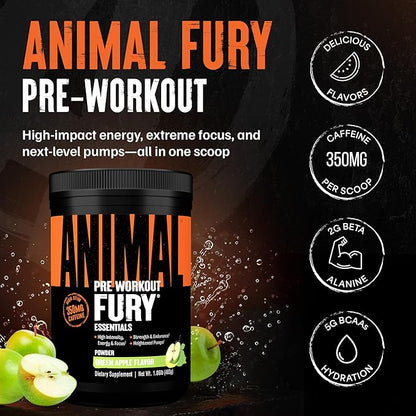 Animal Fury Pre Workout Powder - Green Apple, 350mg Caffeine, BCAA Amino Acids, 2g Beta Alanine