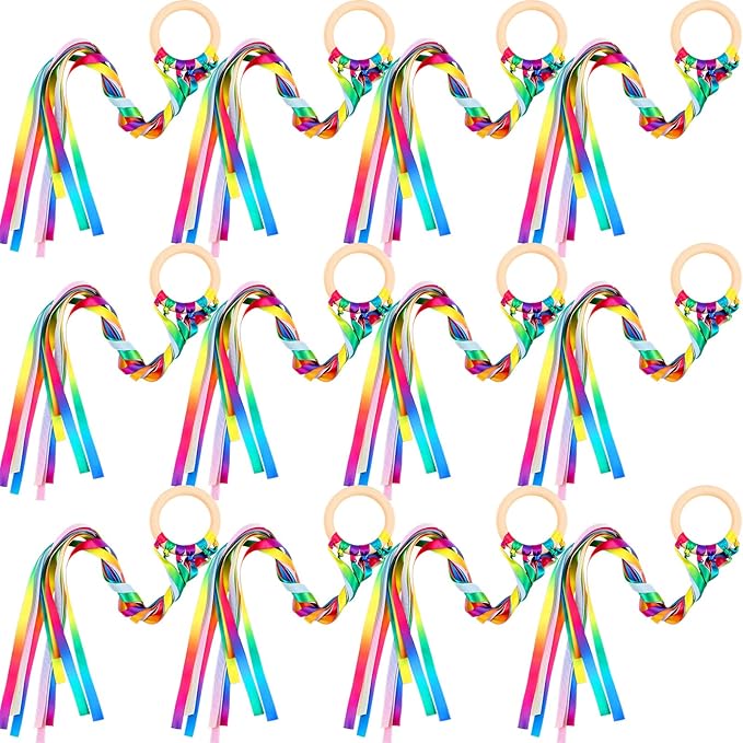 12 Pcs Rainbow Ribbon Wooden Waldorf Toys Creative Waldorf Hand Kite Set Streamers with Wood Ring