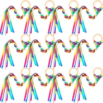 12 Pcs Rainbow Ribbon Wooden Waldorf Toys Creative Waldorf Hand Kite Set Streamers with Wood Ring