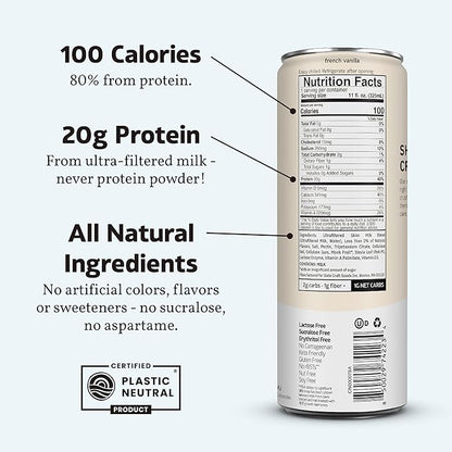 Slate Milk - High Protein Milk Shake - French Vanilla - Lactose Free, 20g Protein, 1g Sugar, 100