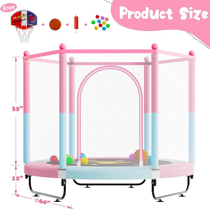 60" Trampoline for Kids, 5 FT Indoor & Outdoor Toddler Baby Trampoline with Basketball Hoop, Safety