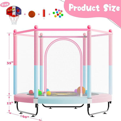 60" Trampoline for Kids, 5 FT Indoor & Outdoor Toddler Baby Trampoline with Basketball Hoop, Safety