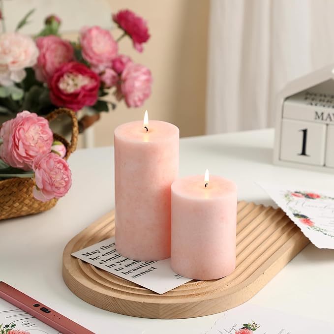 3x4 inch Pink Pillar Candles Set of 3, Unscented Pillar Candle, Dripless and Smokeless Large