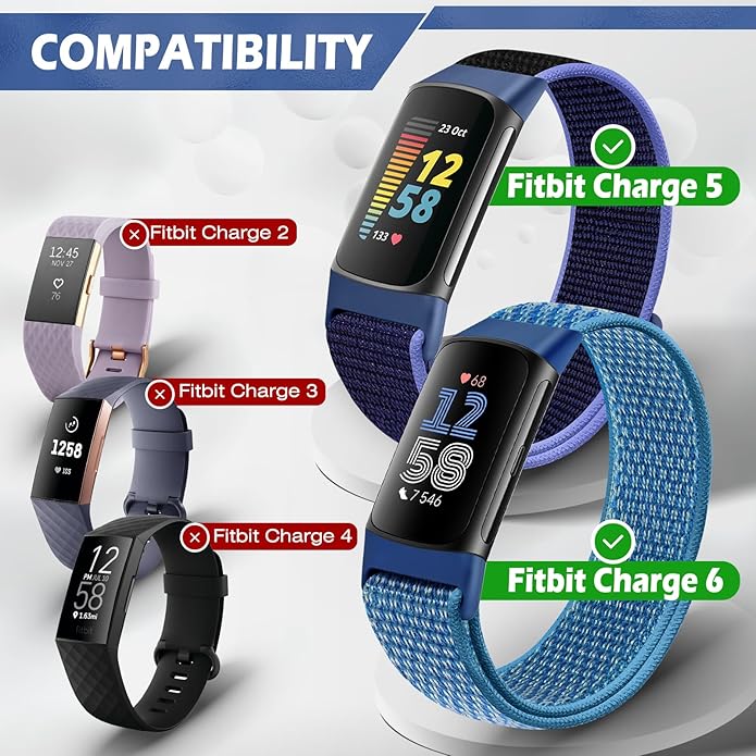 Sport Loop Nylon Watch Bands Compatible with Fitbit Charge 6/5, Adjustable Breathable Replacement