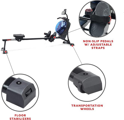 Sunny Health & Fitness Elite Water Rowing Machine with High Dynamic Resistance Vertical Tank