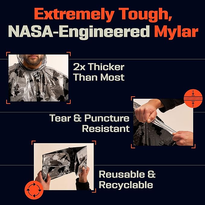 PREPARED4X Emergency Poncho and Mylar Blanket Liner - Waterproof, Wind-Resistant Outdoor Rain