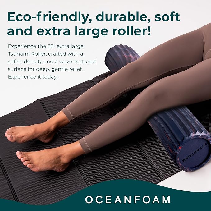 Oceanfoam Tsunami Roller (Dark Navy, Red & Natural Marbled) - Soft, Textured Foam Roller for