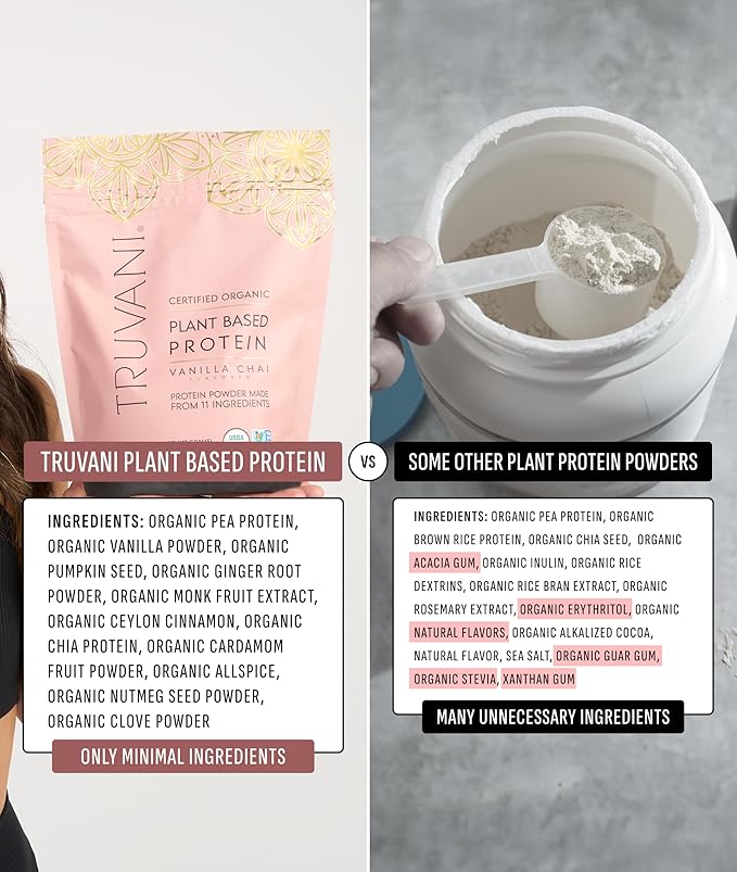 Truvani Vegan Pea Protein Powder | Vanilla Chai | 20g Organic Plant Based Protein | 10 Servings |