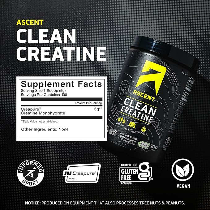 Ascent Clean Creatine Monohydrate Powder - 5G Per Serving, Creapure Creatine Supplement
