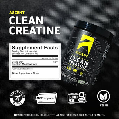 Ascent Clean Creatine Monohydrate Powder - 5G Per Serving, Creapure Creatine Supplement