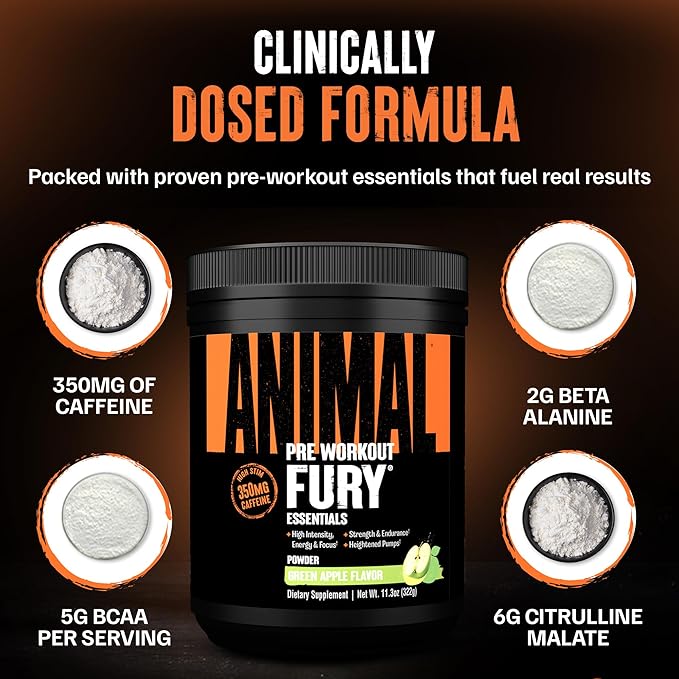 Animal Fury Pre Workout Powder - Green Apple, 350mg Caffeine, BCAA Amino Acids, 2g Beta Alanine
