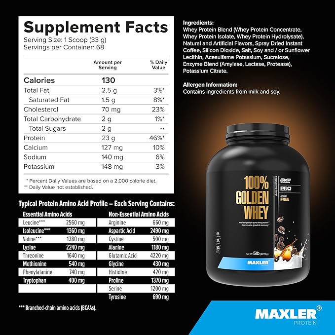 Maxler 100% Golden Whey Protein - 23g of Protein per Serving - Premium Whey Protein Powder for Pre