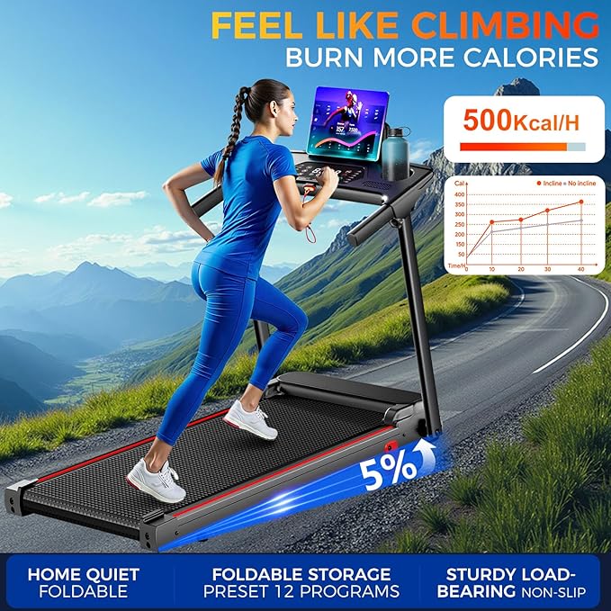 Treadmill with 5% Incline, Walking Pad Treadmill with Handle Bar, Portable Folding Treadmills for