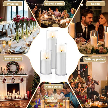 24 PCS White Pillar Candles with Glass Candle Holders Clear Hurricane Candle Holders Glass Cylinder