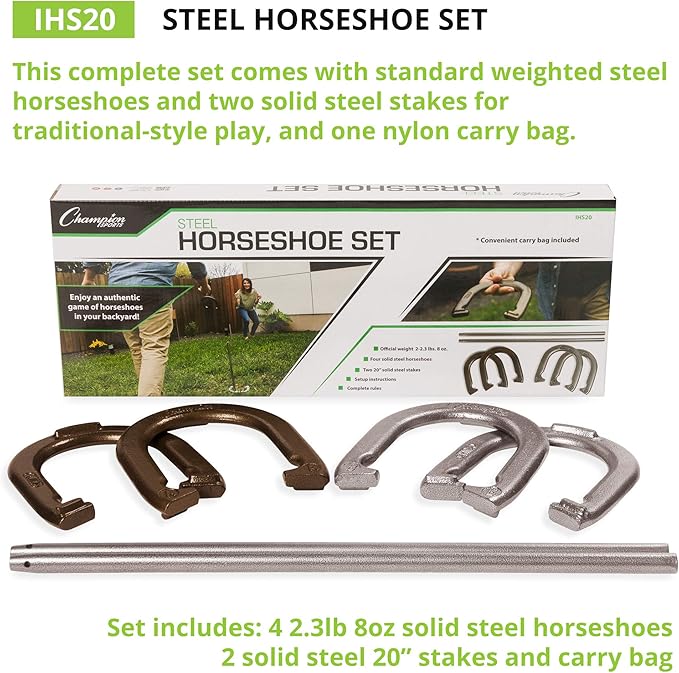 Champion Sports Horseshoe Set: Traditional Outdoor Lawn Game includes Four Professional Solid Steel
