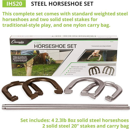 Champion Sports Horseshoe Set: Traditional Outdoor Lawn Game includes Four Professional Solid Steel