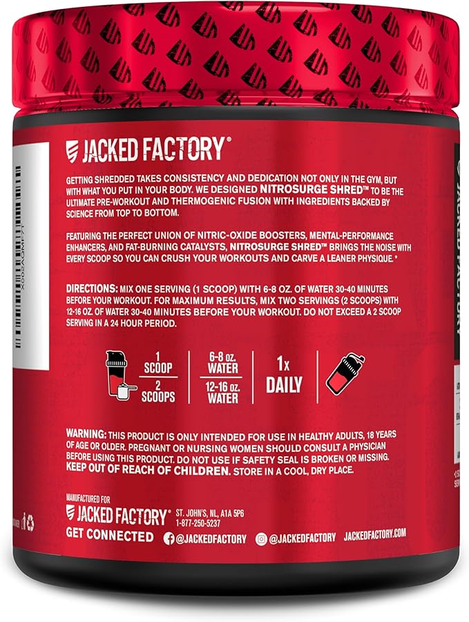 Jacked Factory NITROSURGE Shred Pre Workout Supplement - Energy Booster, Instant Strength Gains