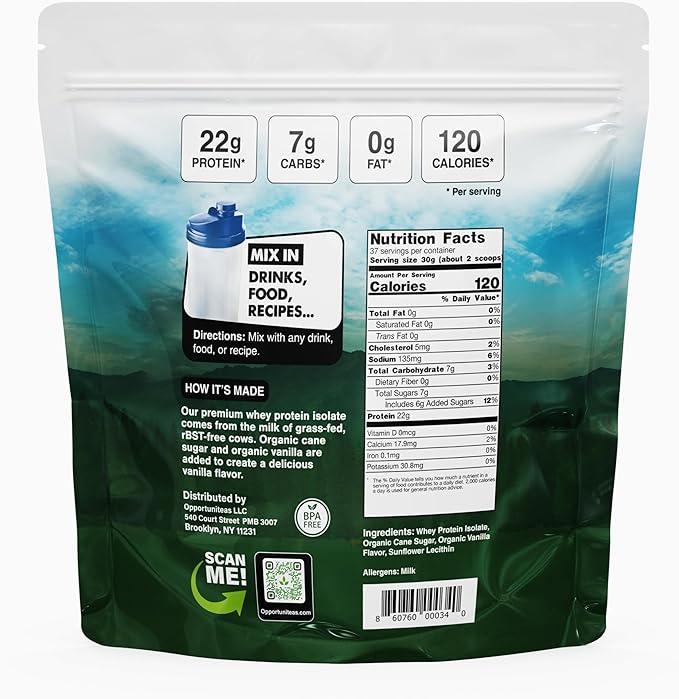 Opportuniteas Grass Fed Vanilla Whey Protein Isolate Powder - 22g Protein Powder Without Artificial