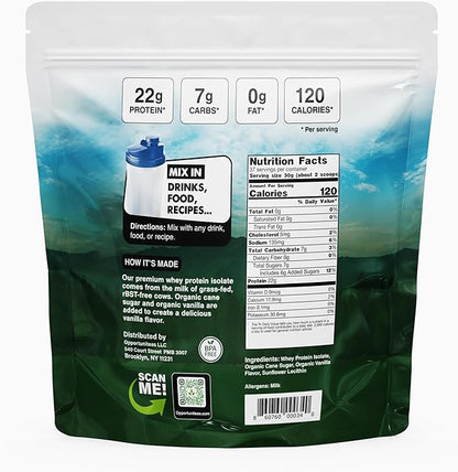 Opportuniteas Grass Fed Vanilla Whey Protein Isolate Powder - 22g Protein Powder Without Artificial