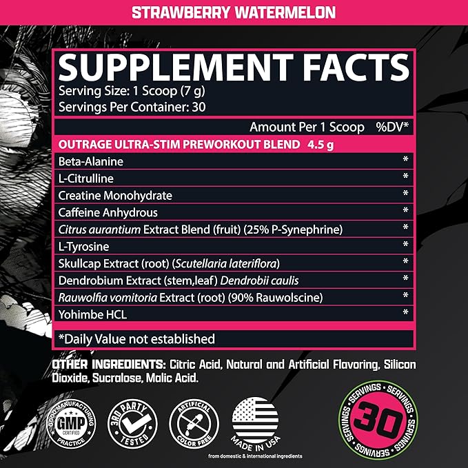 Outrage Ultra HIGH STIM Pre-Workout Powder for Men | 400mg Caffeine, L-Citrulline, Beta-Alanine