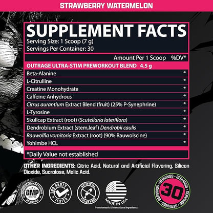 Outrage Ultra HIGH STIM Pre-Workout Powder for Men | 400mg Caffeine, L-Citrulline, Beta-Alanine