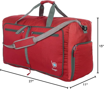 Bago Large Foldable Duffel Bags for Traveling Women & Men - 80L Packable Duffle Bag for Travel with Shoe Compartment - Water Repellant, Heavy Duty, Lightweight Folding & Collapsible (Red)