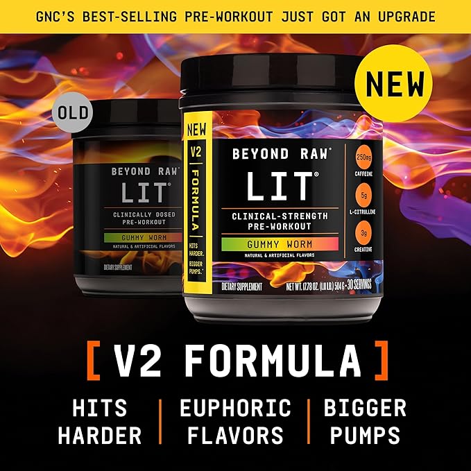 BEYOND RAW LIT V2 Clinical Strength Pre Workout Powder, Hits Harder, Bigger Pumps, Caffeine
