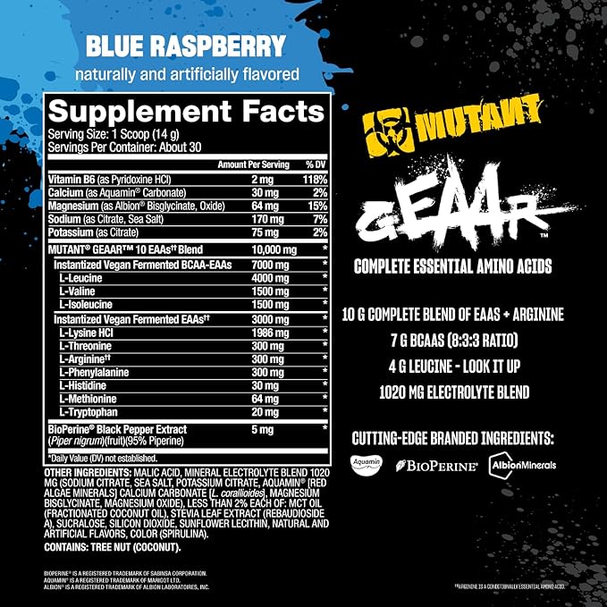 Mutant GEAAR - 9.4g of EAA Powder + Arginine, 7g BCAAs, 4g Leucine, Electrolytes, Coconut Water, 30