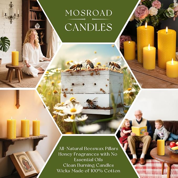 4 Packs 3x6 Inch Beeswax Candles, Large Honeycomb Beeswax Pillar Candles, 45 Hours Burn Time