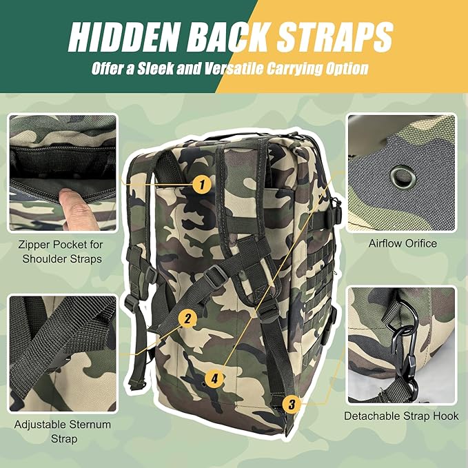 65L Large Travel Duffle Bag Military Tactical Backpack, Army Assault Pack 3 Day Bug Out Rucksack