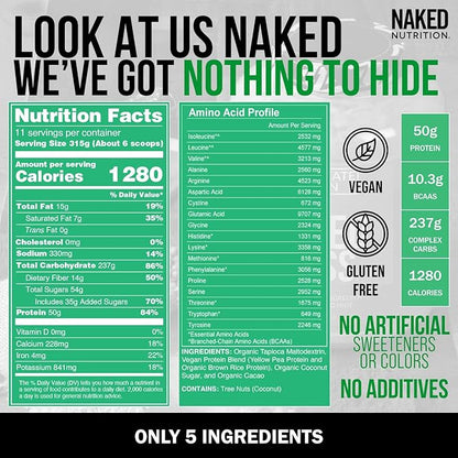 NAKED Vegan Mass - Chocolate Vegan Weight Gainer - 1,280 Calories, Non-GMO, Soy & Gluten Free, No