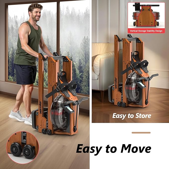 Water Rowing Machine for Home Use, WENOKER Wooden Foldable Rower Machine with Adjustable Monitor &