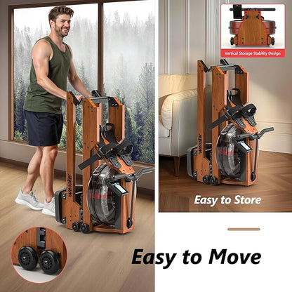 Water Rowing Machine for Home Use, WENOKER Wooden Foldable Rower Machine with Adjustable Monitor &