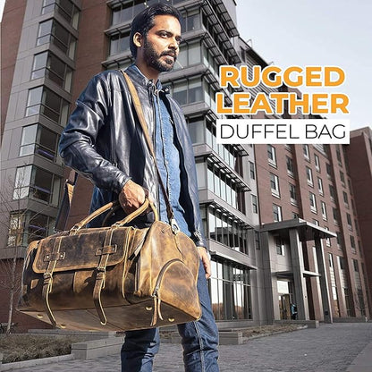 KomalC 24 Inch Leather Duffel Bags for Men and Women Full Grain Leather Travel Overnight Weekend