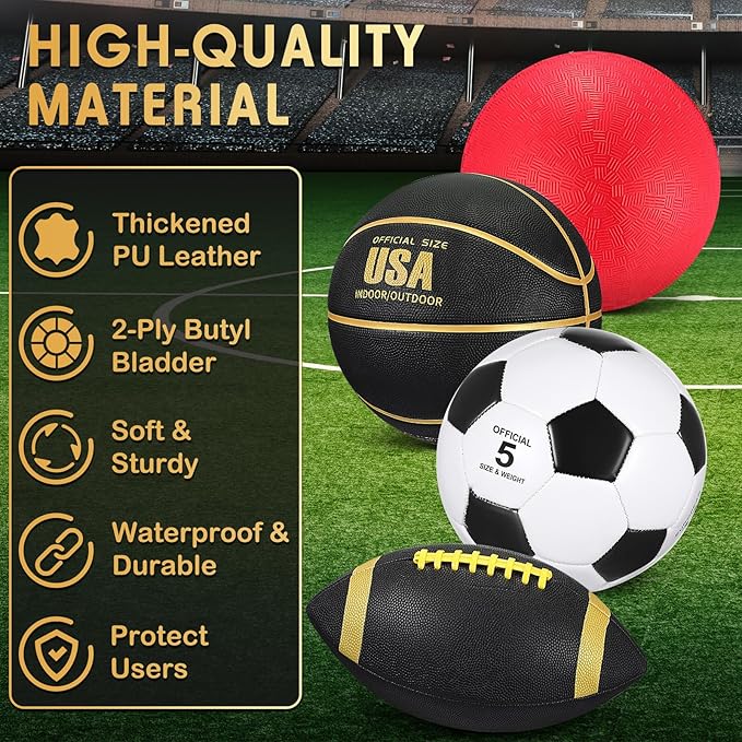 Deekin 8 Pcs Sports Balls Set for Adult Assorted Football Basketball Soccer Playground Balls