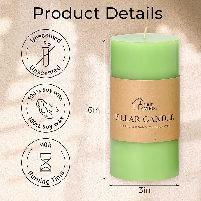 3x6 Inch Green Pillar Candles Set of 3 - Decorative Unscented Pillar Candle, Long Burning Dripless