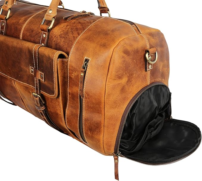 KomalC 24 Inch Leather Duffel Bags for Men and Women Full Grain Leather Travel Overnight Weekend