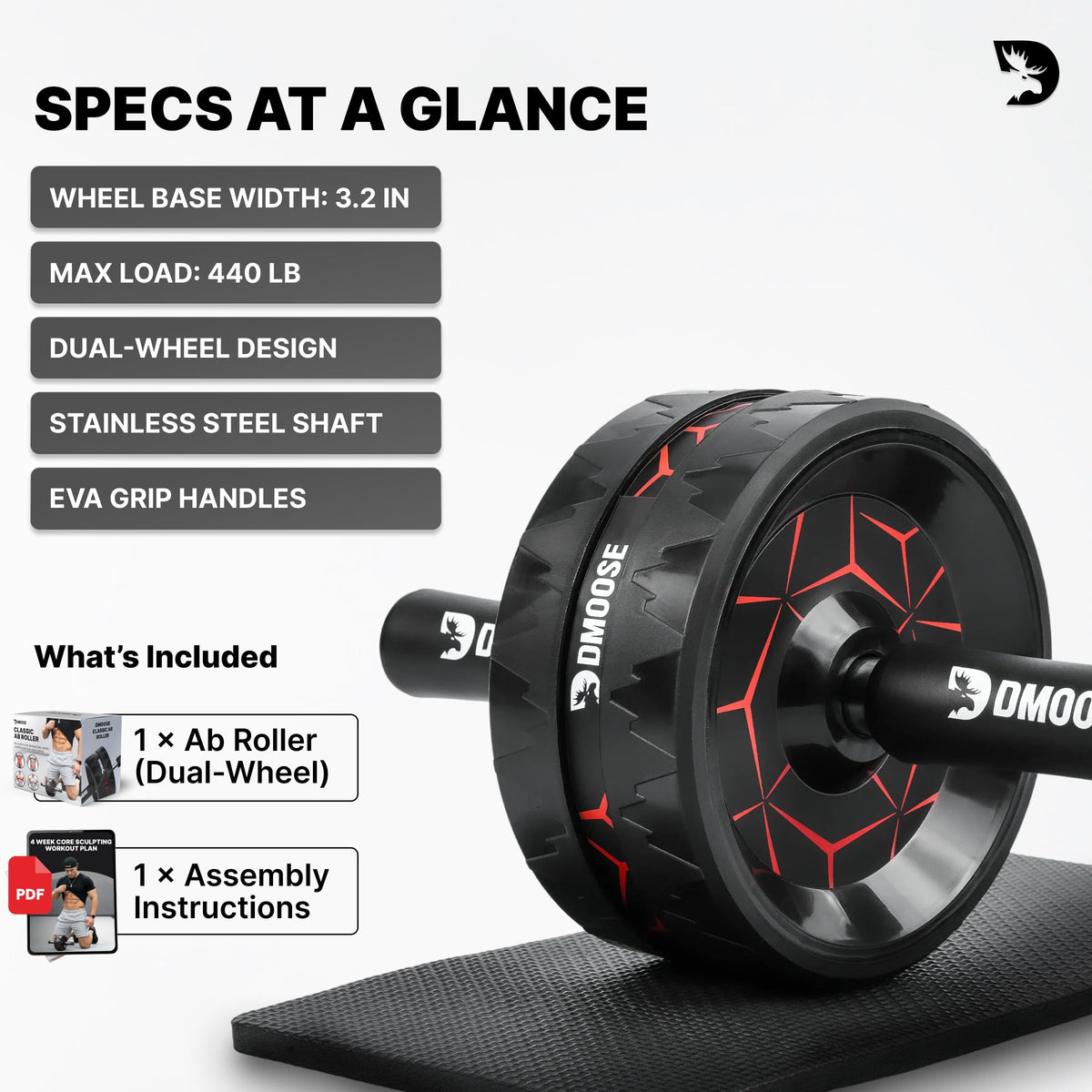 DMoose Fitness Ab Roller Wheel for Core Strength Training - 3.2 Inch Dual-Wheel Ab Wheel Roller