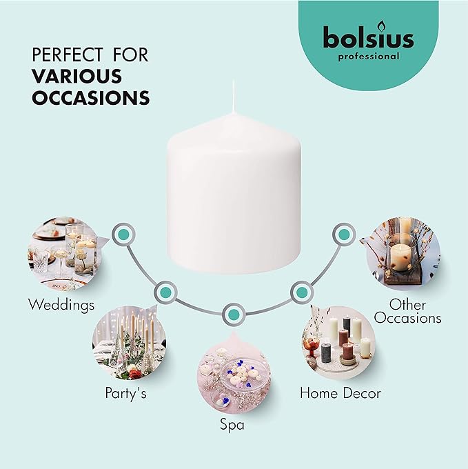 BOLSIUS 6 White Pillar Candles Bulk - 3x3 Inches Candle Set - 25+ Hours Clean Burning - No Palm Oil