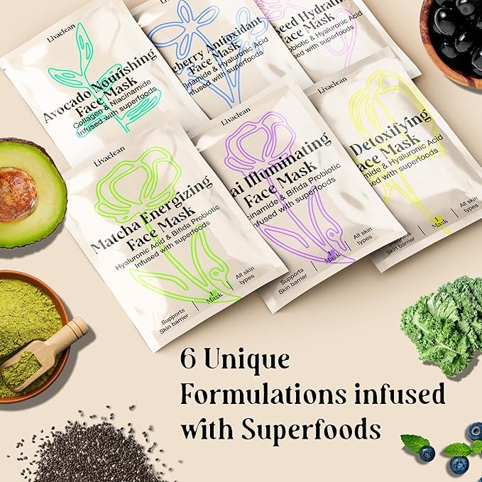 LivaClean 12 CT Face Masks Skincare - Collagen Sheet Mask - Hydrating Face Masks Bulk with
