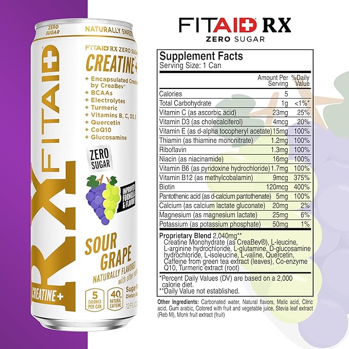 FITAID RX Zero Sugar, Encapsulated Creatine, Workout Recovery Drink, All-In-One Blend, BCAAs