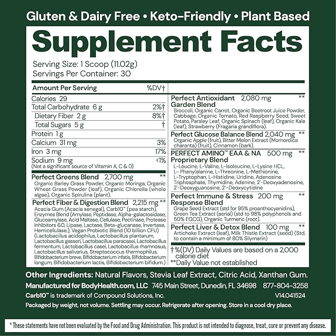 BodyHealth Greens Enhanced with PerfectAmino - Daily Superfood Green Apple Smoothie Powder with