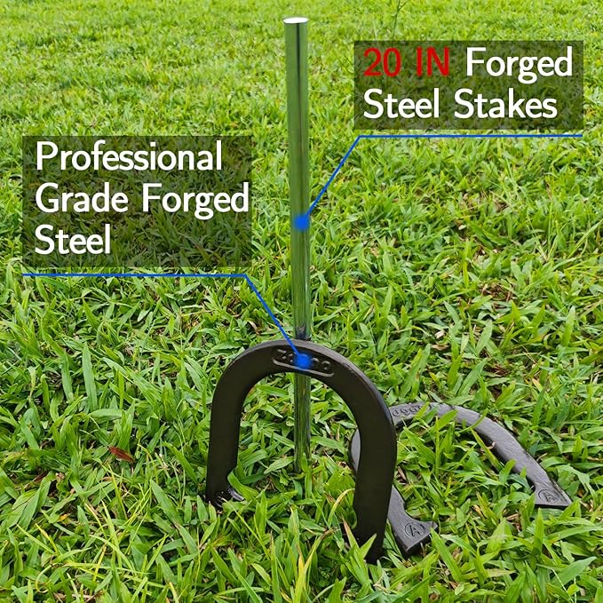 Horseshoes Outside Game Set-Portable Outdoor Horseshoe Set Includes 4 Professional Solid Steel