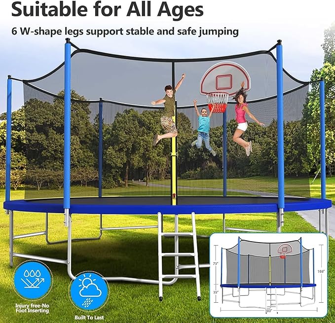 Upgraded 16FT 15FT 14FT 12FT 10FT 8FT Trampoline Outdoor with Basketball Hoop and Net, Capacity for