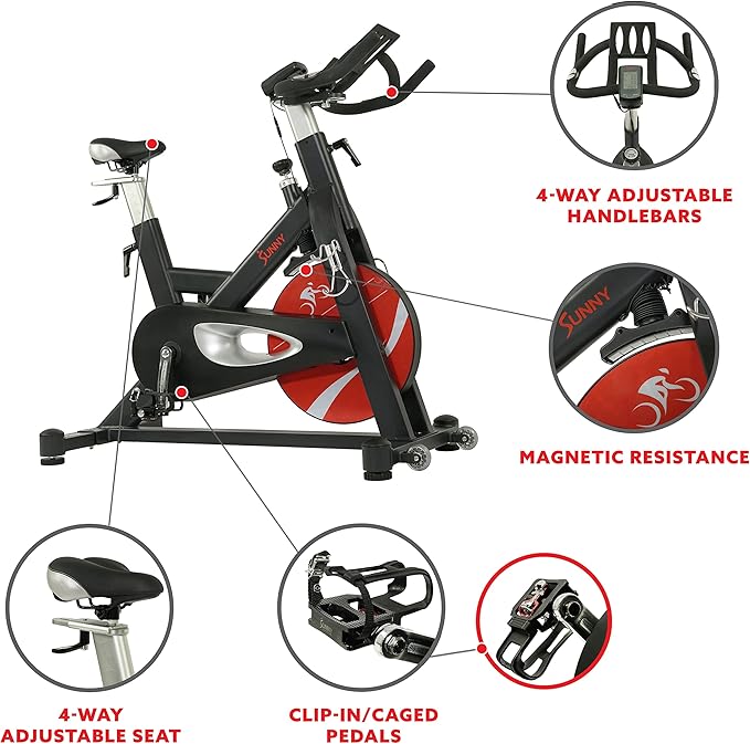 Sunny Health & Fitness Indoor Cycling Exercise Bike w/Pulse Sensors & 4-Way Adjustable Seat